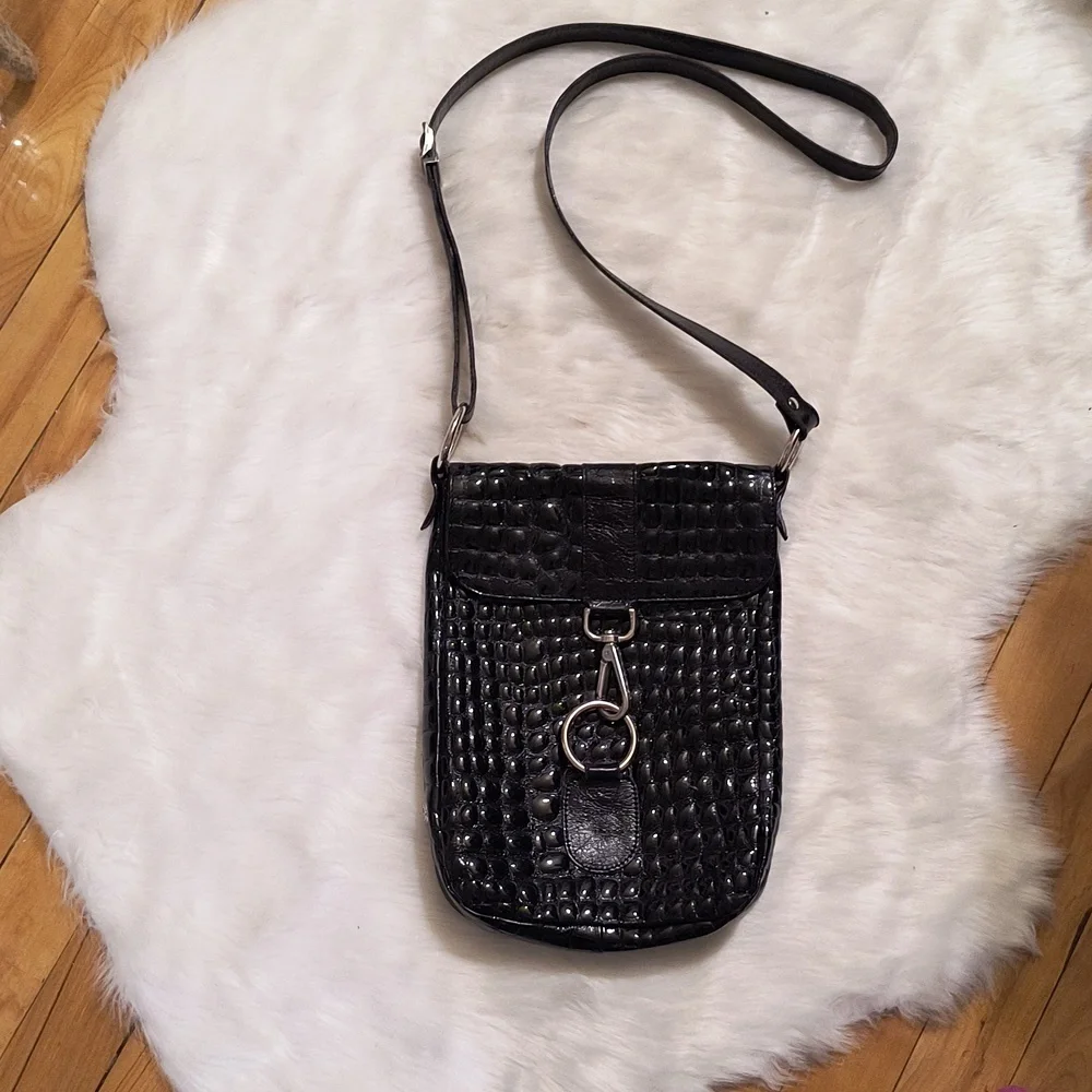 THE TREND Crossbody Bag Purse Croc Embossed black Leather ITALY. - Picture 1 of 11